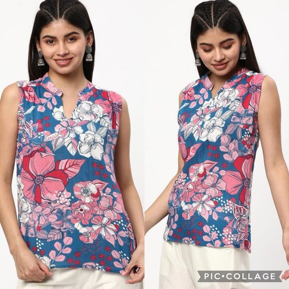 NWT! Como Vintage Floral Print Crochet Detail Notched V-Neckline Sleeveless Top - Picture 3 of 15